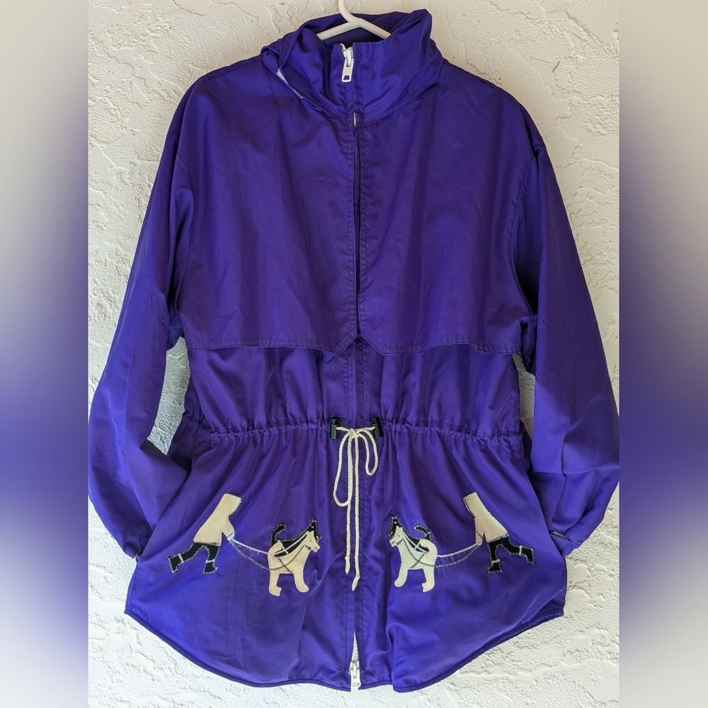 Vintage Purple Hooded Jacket with Embroidered Dogsled Design